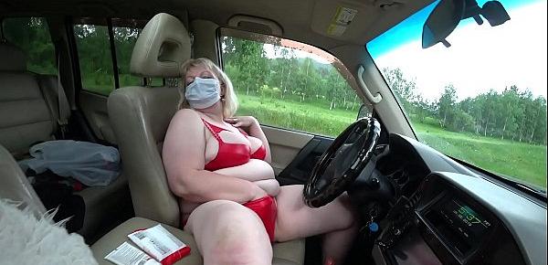  Lesbian fucked mature milf in the car. Big tits and fat ass in sexy underwear. POV.